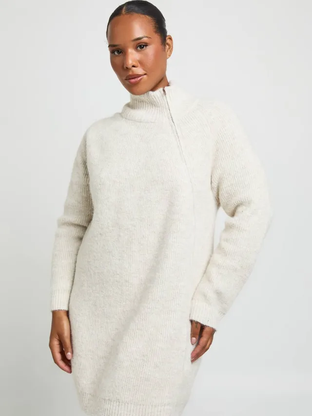 boohoo Dames Plus Gebreide Mini-jurk Met Ritssluiting En Hoge Kraag Steen