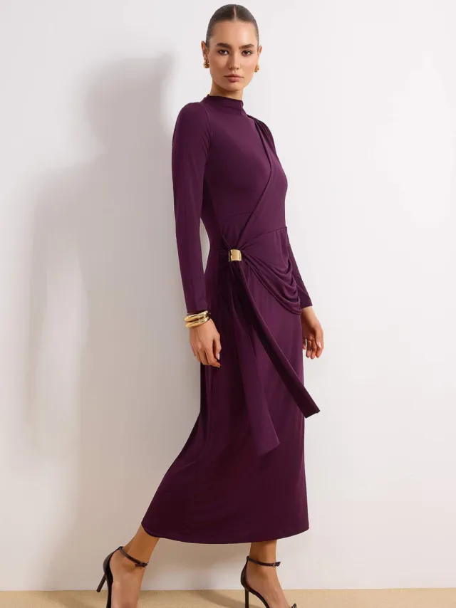 Turkishsouq Paarse platte maxi-jurk voor dames, lange, casual/dagelijkse bodycon jurk met hijab.