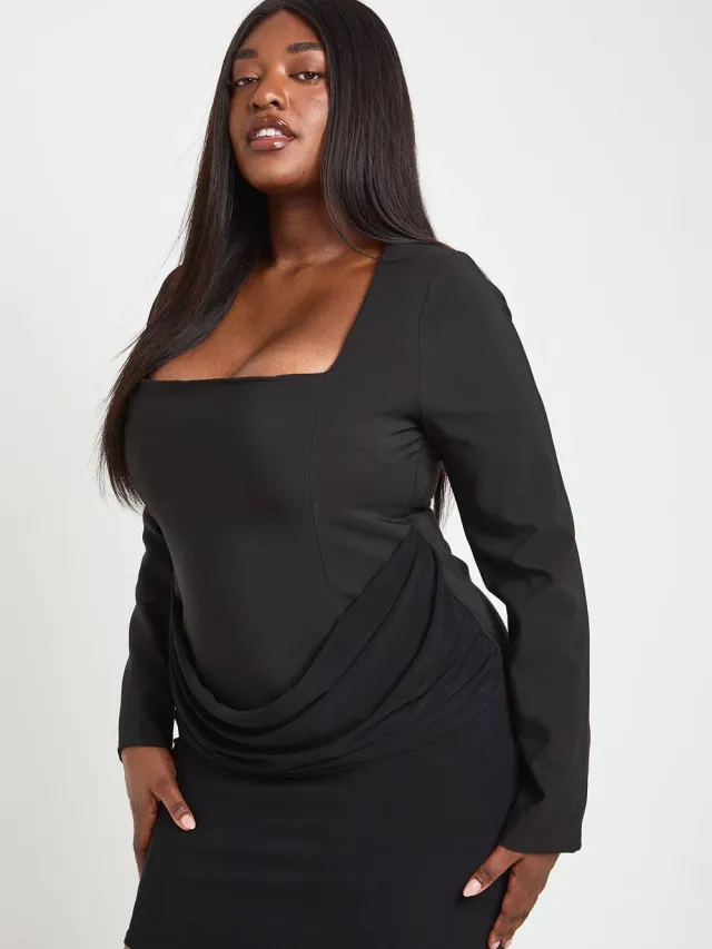 boohoo Dames Plus Slinky Gedrapeerde Mini-jurk Met Lange Mouwen Zwart