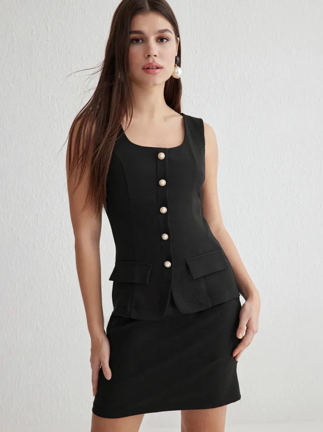 Trendyol TRENDYOLMİLLA Dames Zwart Effen Kort / Mini Mouwloos Zakelijk Bodycon Jurken