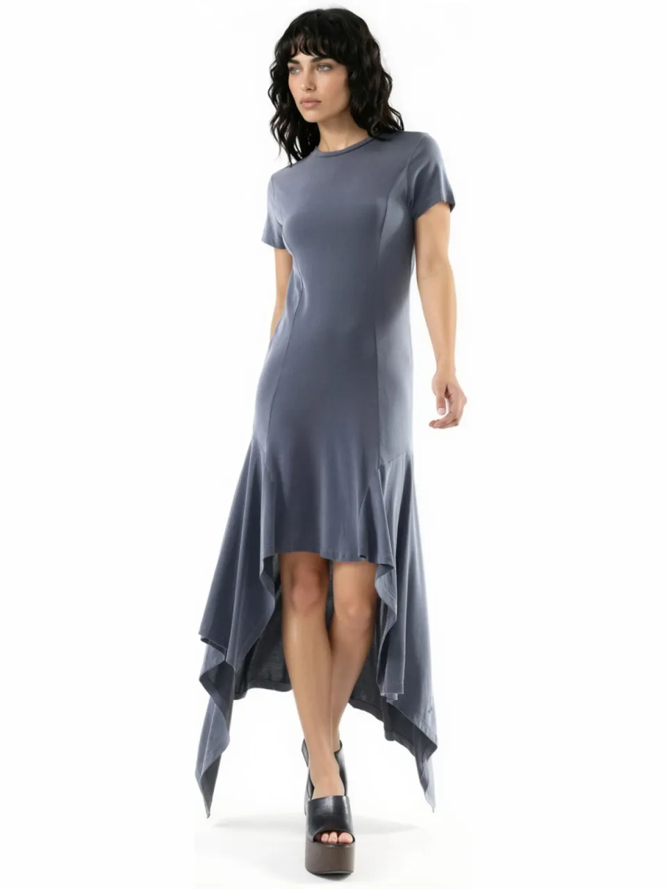 Busem Asymmetrische Midi-jurk met Ronde Hals Donkergrijs