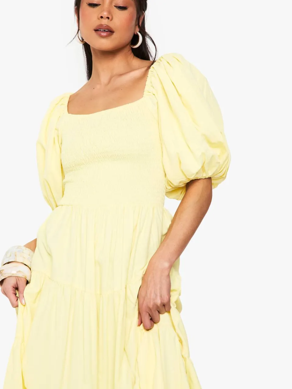 boohoo Dames Extreme Pofmouwen Geroffelde Maxi Smock Jurk citroen, foto 4
