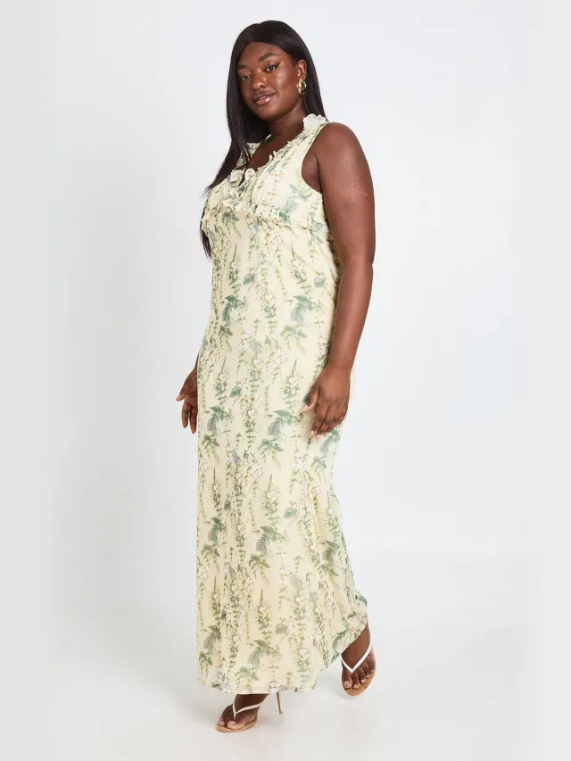 boohoo Dames Plus Bloemen Chiffon Maxi Slipjurk Met Ruche Detail Limoen