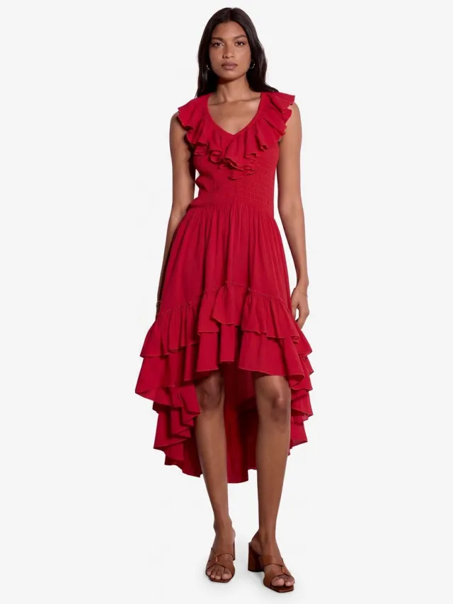Apricot Katoenen midi-jurk met ruches en asymmetrische zoom Rood