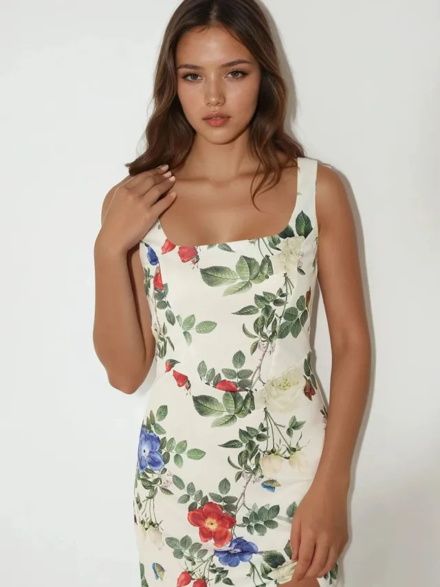 Hiccup Bodycon Mini-jurk met Vierkante Kraag en Bloemenprint Veelkleurig