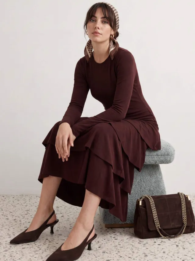 Trendyol TRENDYOLMİLLA Dames Bruin Stippen Maxi Lang Skater Modest Jurken