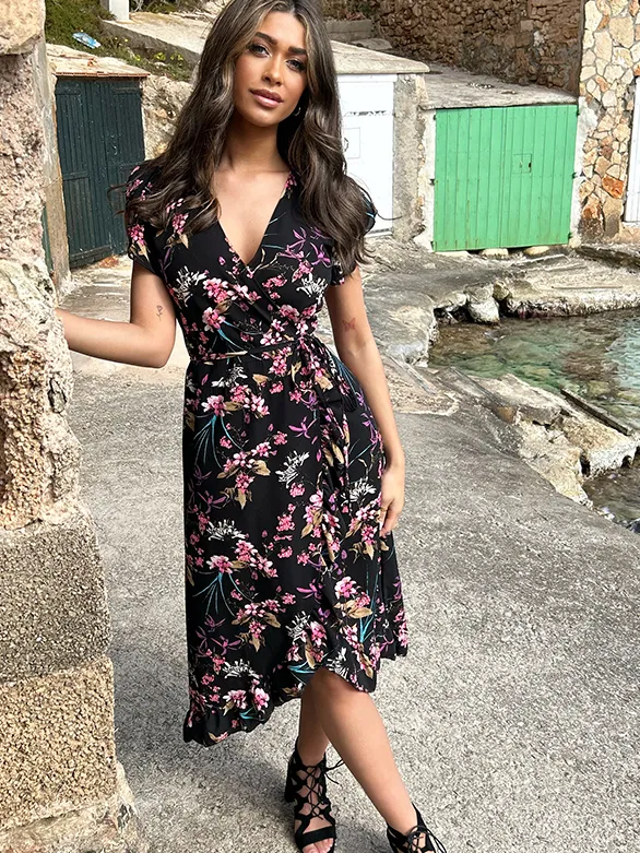Fashion Musthaves Bloemen Jurk Midi Print Zwart