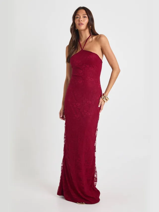 boohoo Dames Kanten halternek maxi-kolomjurk Bordeaux Rood