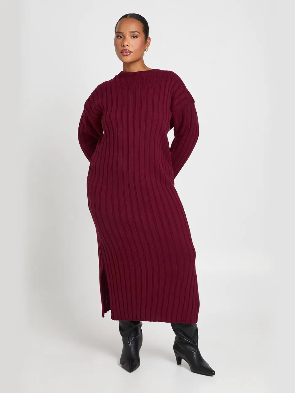 boohoo Dames Plus Grofgebreide Midaxi Jurk Met Brede Ribbels bordeaux rood, foto 2