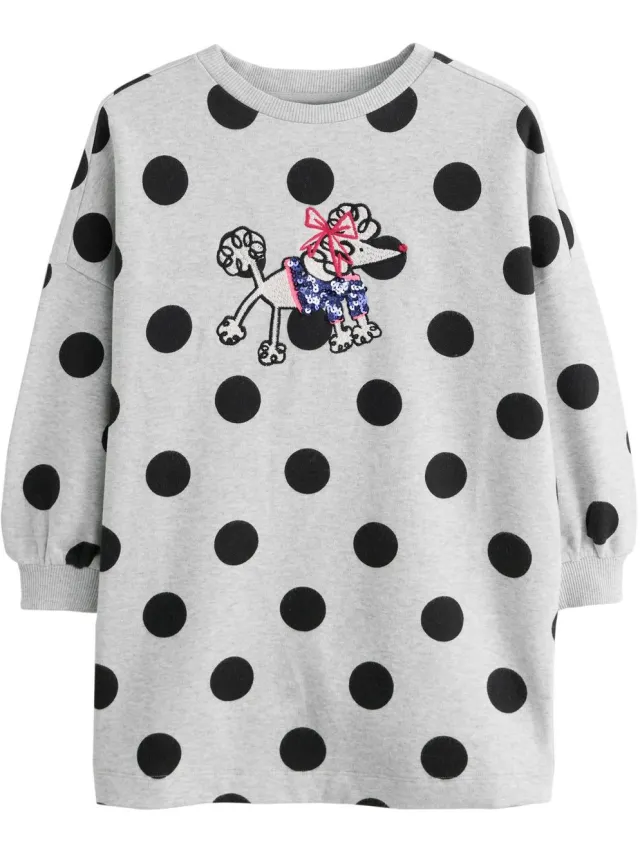 Next Meisjes - Mini-trui-jurk met lovertjes en lange mouwen - Grijs Grey Marl Polkadot