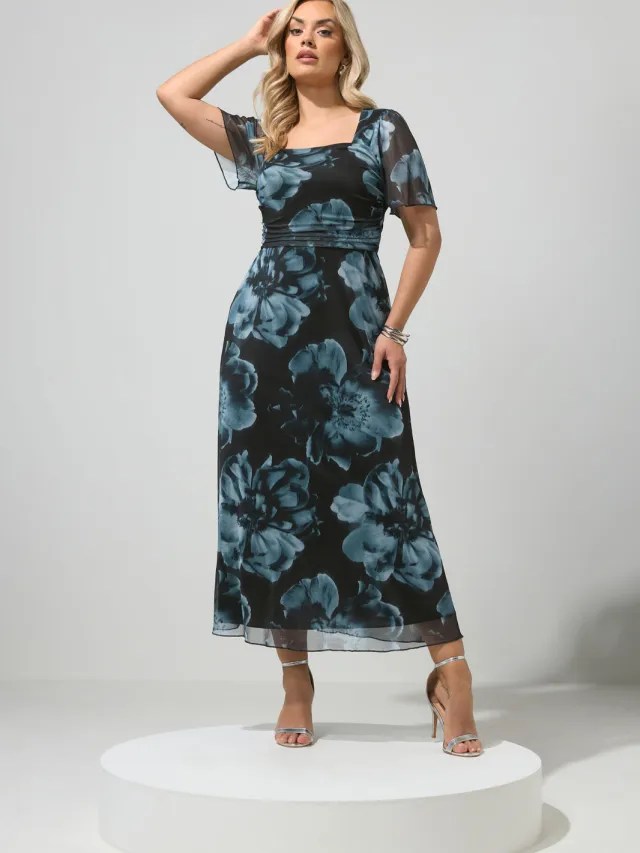 Yours London Zwarte Maxijurk Met Bloemen En Vierkante Hals Black