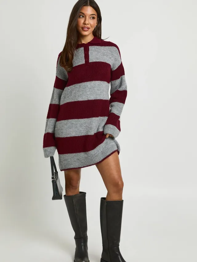 boohoo Dames Gestreepte Oversized Rugby Gebreide Mini-jurk Met Kraagdetail Bordeaux Rood