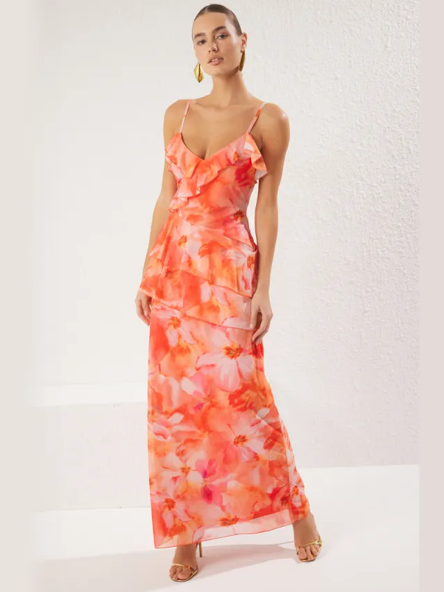 Trendyol TRENDYOLMİLLA Dames Meerkleurig Bloemen Maxi Mouwloos Diploma-uitreiking / Gala Recht Avond & Gala Jurk Veelkleurig