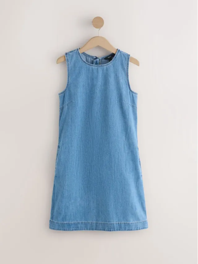 Next Dames - Mini rechte denim jurk, petite - Petite - Blauw Mid Blue