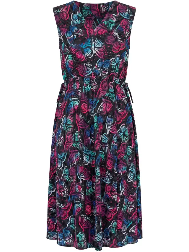 Angel of Style Dames - Plissé midi-jurk mouwloos patroon elastische taille - Zwart