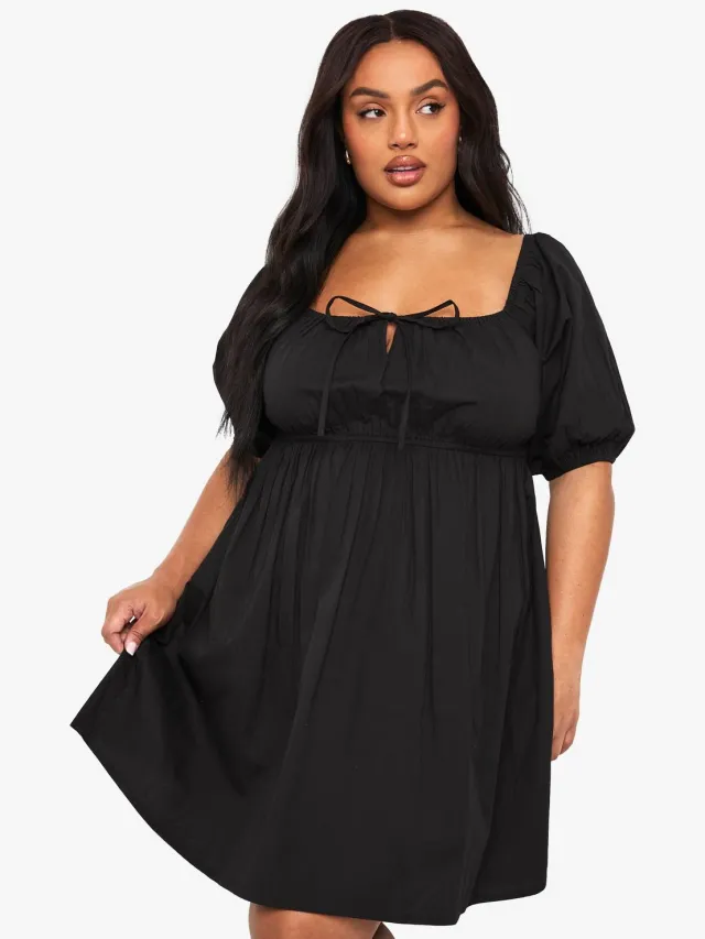 boohoo Dames Plus Tie Front Geplooide Katoenen Skaterjurk Zwart