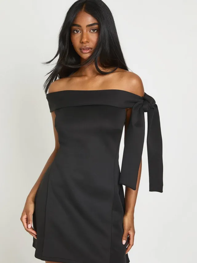 boohoo Dames Bardot Jurk Met Strikdetail Op De Schouder En Skater Model Zwart