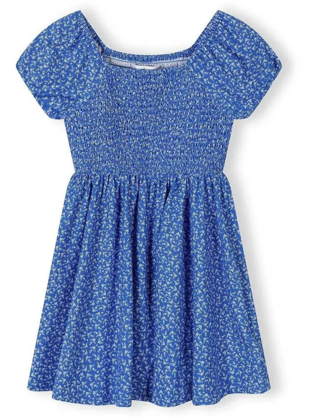 Minoti jurk meisjes bloemenprint gesmockt blauw - kniehoogte