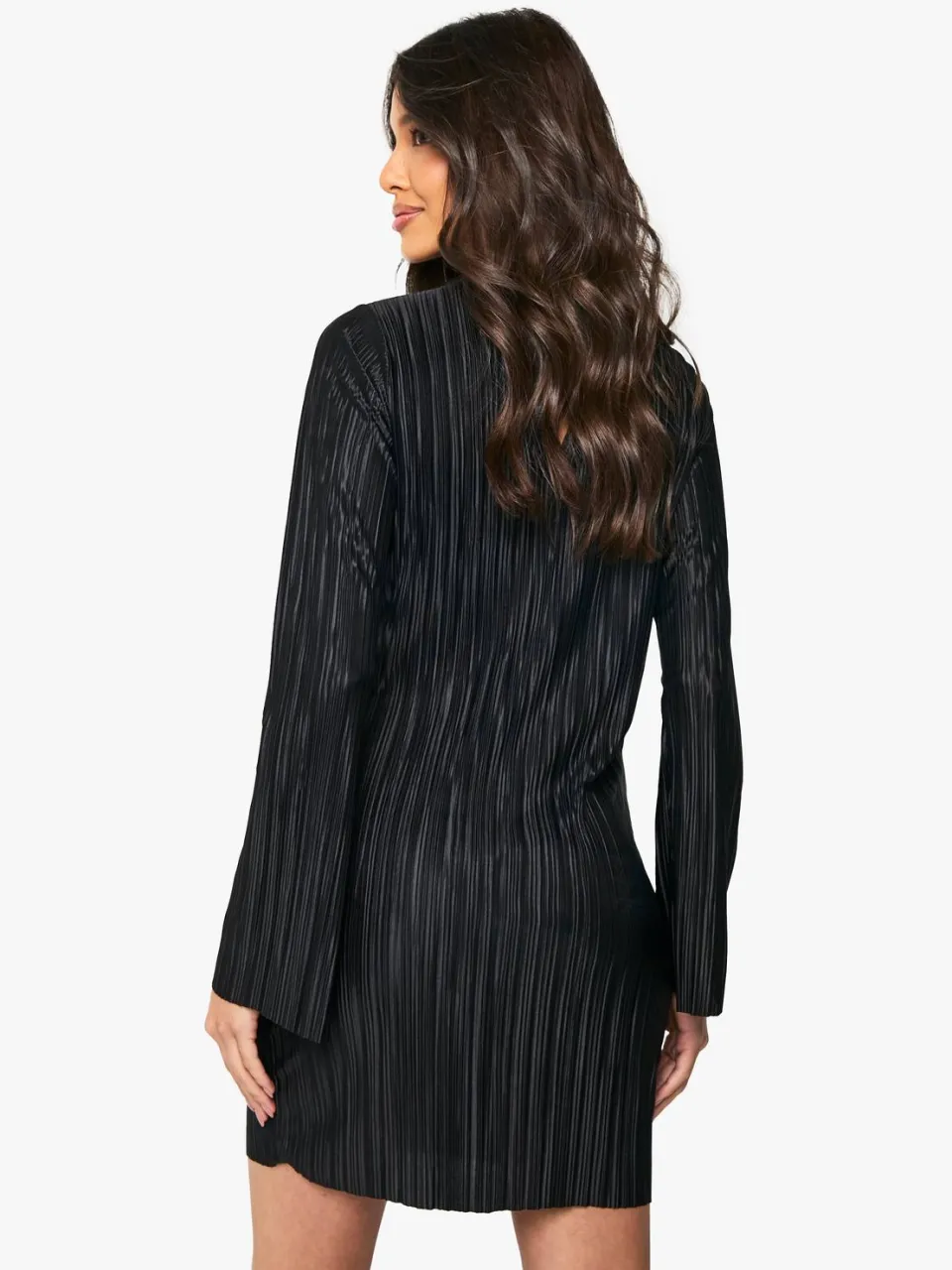 boohoo Dames Plisse Flared lange mouw mini-jurk zwart, foto 2