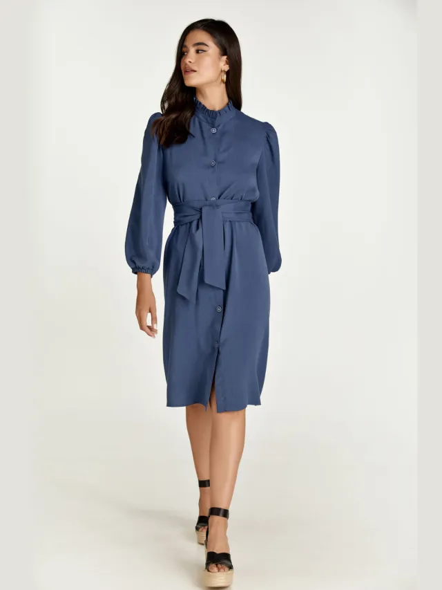 Conquista Indigo jurk met lange mouwen en riem in Tencel Indigoblauw