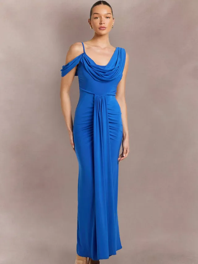 boohoo Dames Dubbele Laag Slinky Gedrapeerde Cold Shoulder Maxi Jurk Royaal Blauw