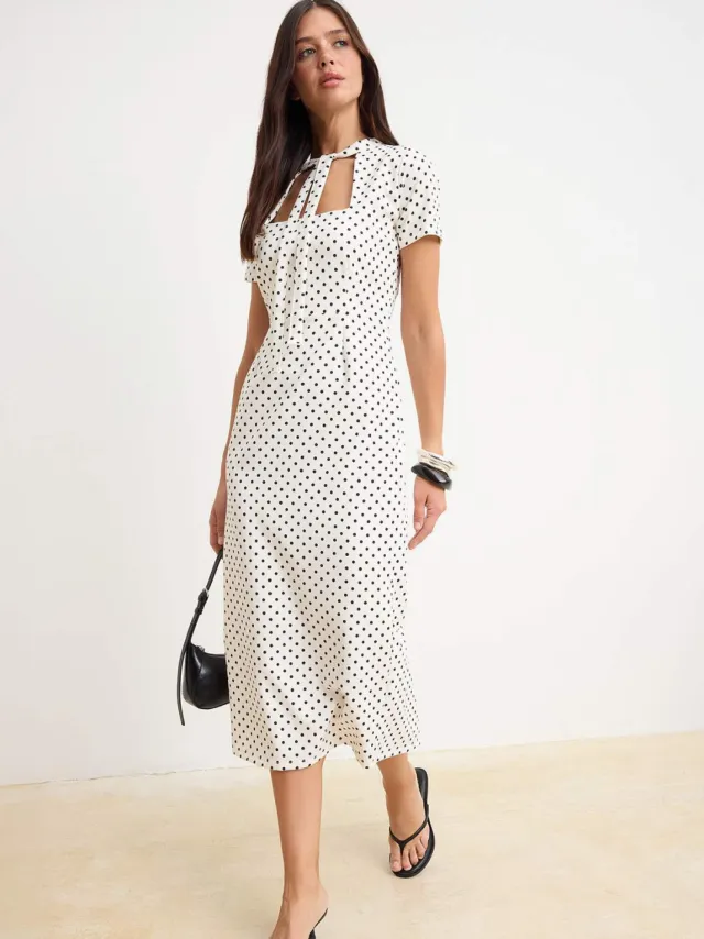 Trendyol TRENDYOLMİLLA Dames Wit Stippen Midi Kort Recht Jurken