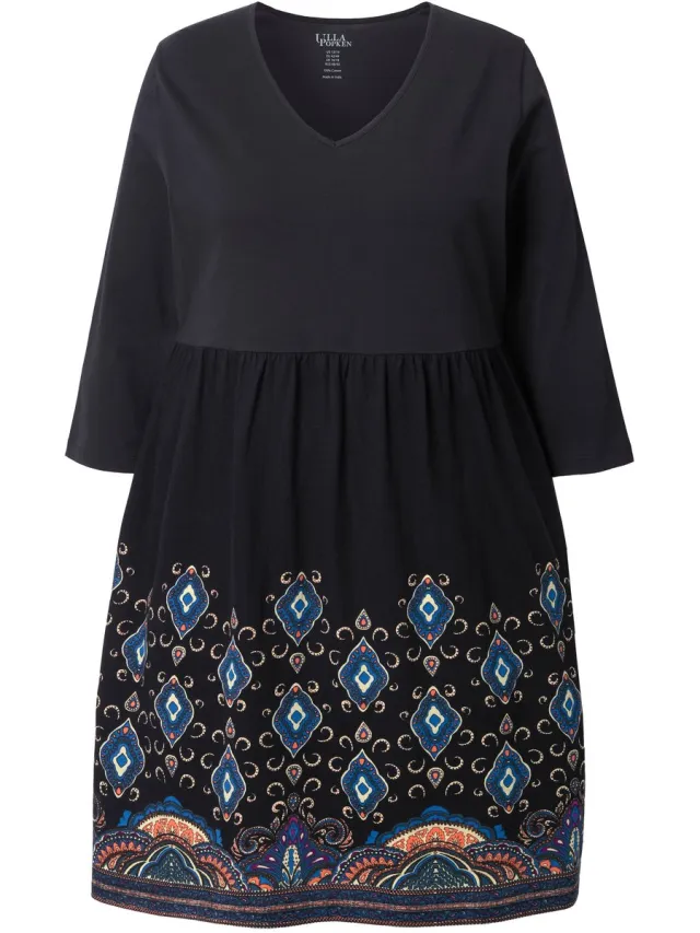 Ulla Popken Dames - Jersey jurk A-lijn V-hals 3/4-mouw zakken - Zwart - Maat 58+