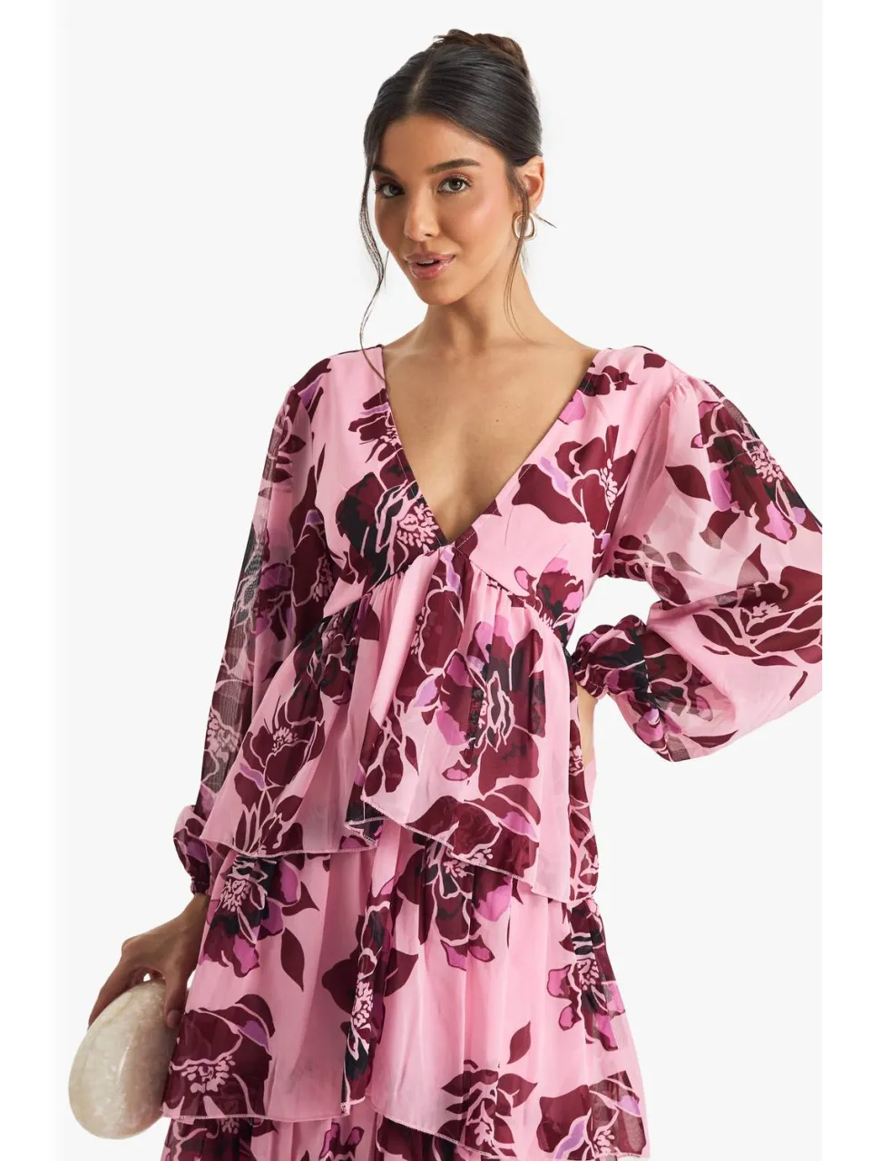boohoo Dames Bloemen Chiffon Diepe V-hals Ruffle Midaxi Jurk schemerig roze, foto 3