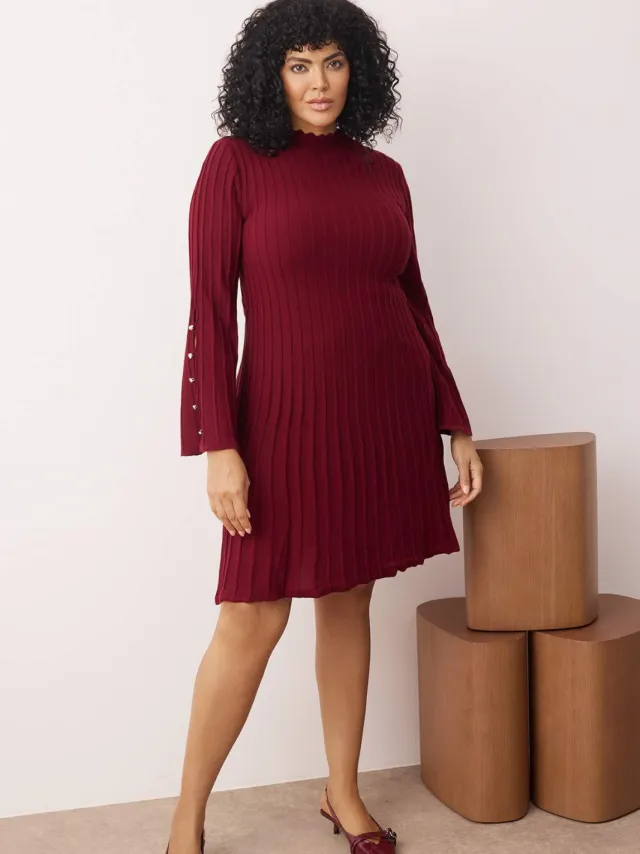 Trendyol Curve Dames Bordeaux Effen Kort / Mini Lang Casual A-lijn Grote maten Jurk Bordeauxrood