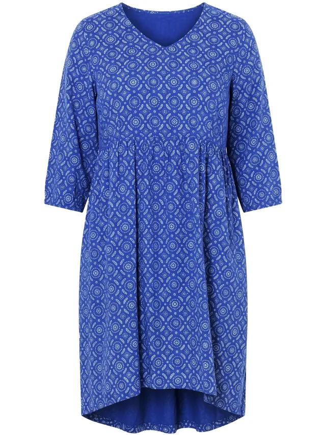 Ulla Popken Dames - Jurk met print A-lijn V-hals 3/4-mouwen - Kobaltblauw - Maat 50+
