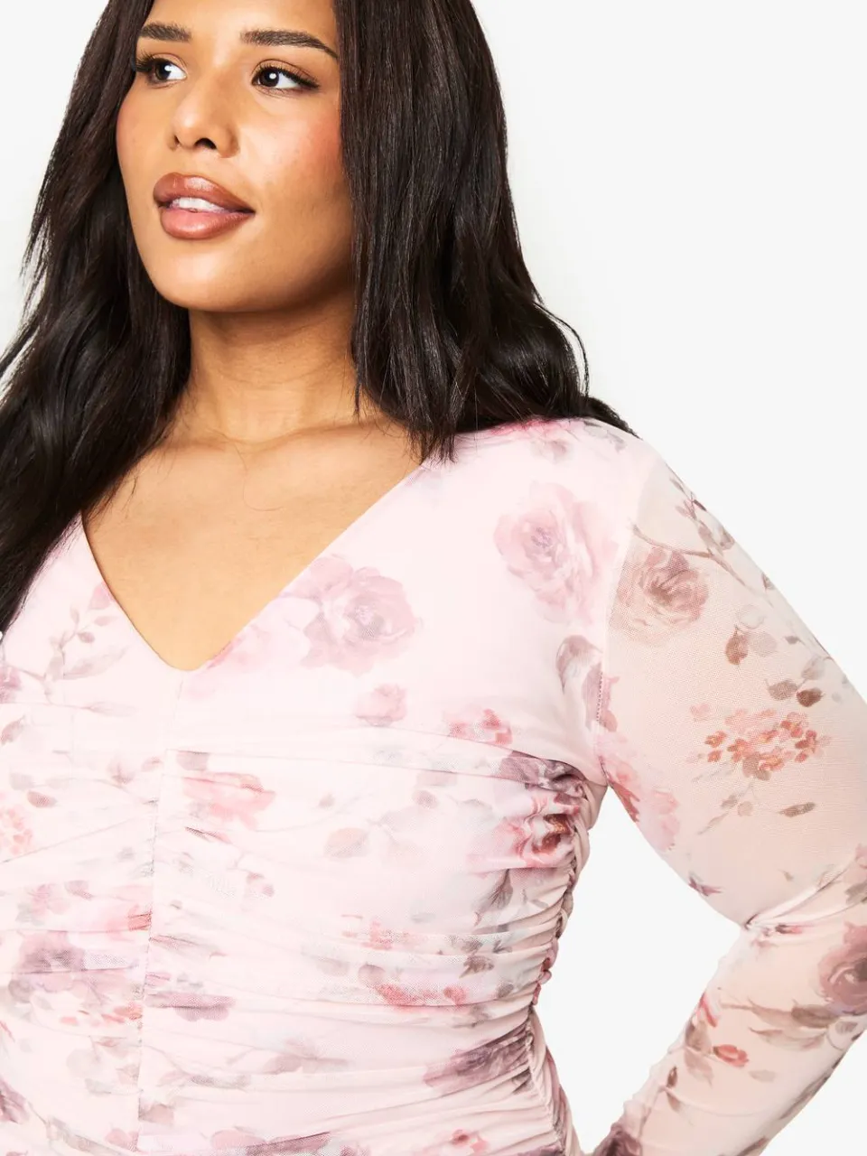 boohoo Dames Plus Floral Mesh Geruikelde Mini-jurk met Volantzoom blush, foto 4
