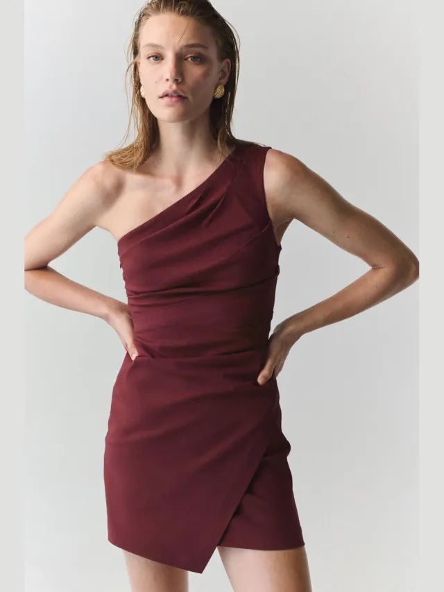 Mango one shoulder korte zomerjurk - donkerrood