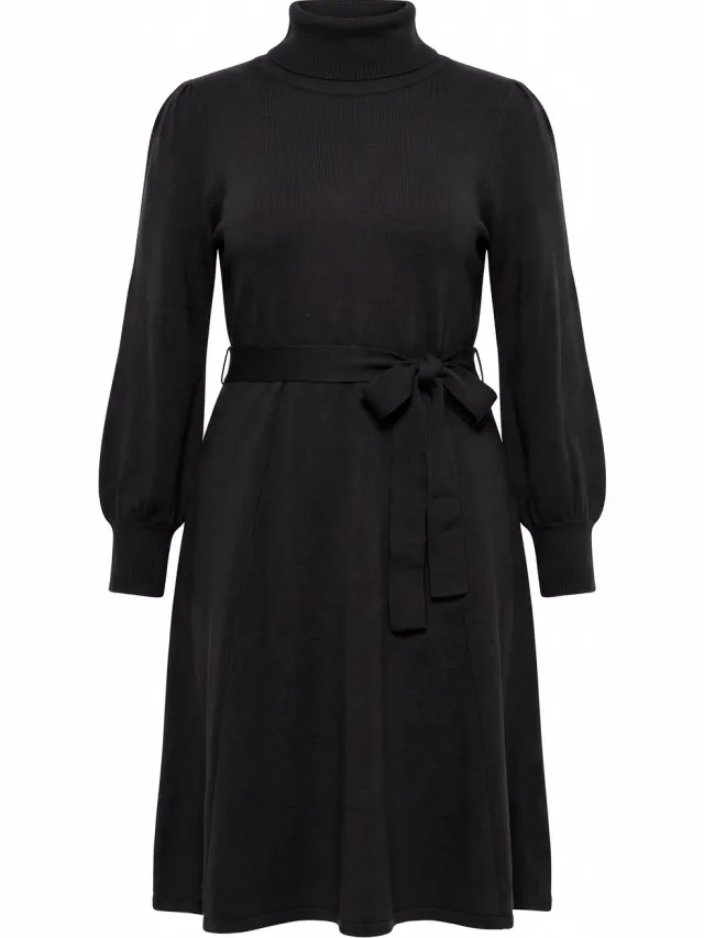 MIAMODA Dames - Gebreide jurk midilengte col ceintuur in de taille - Zwart - Maat 58+