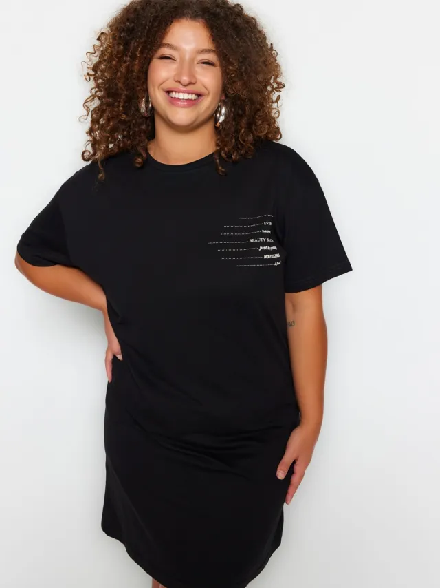 Trendyol Curve Dames Zwart Slogan Kort / Mini Kort Casual T-shirt Jurk Grote maten Jurk
