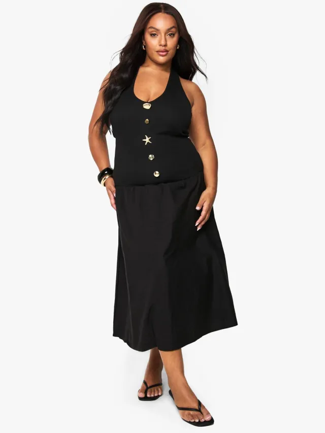 boohoo Dames Plus Starfish Gold Trim Rib Poplin Mix Midaxi Jurk Zwart