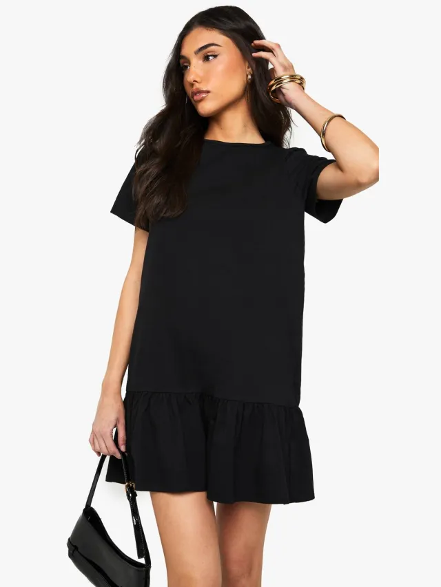 boohoo Dames Katoenen smockjurk met ruffles en losse zoom Zwart