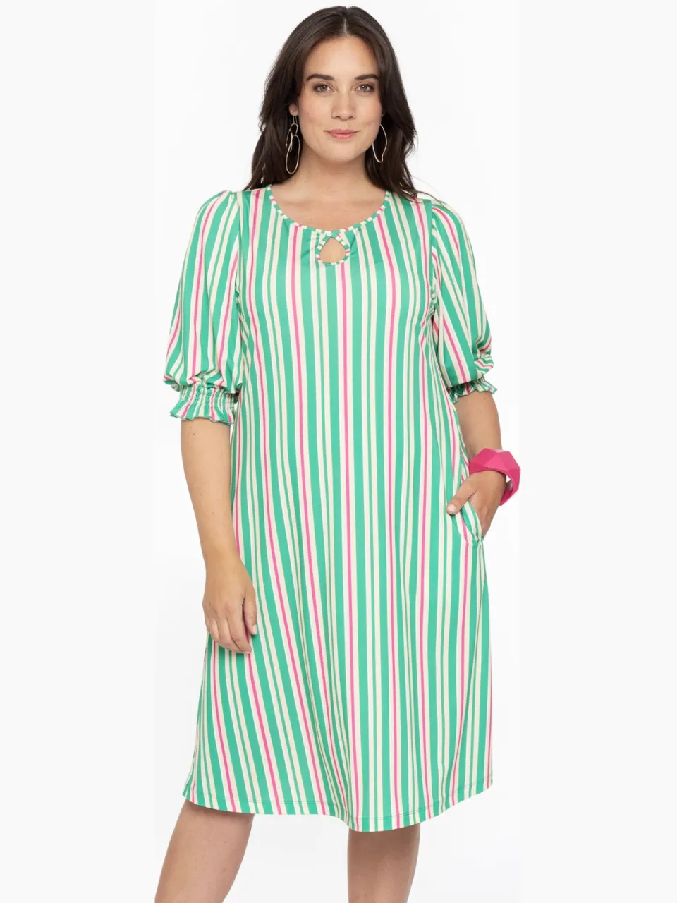 Yoek Jurk met pofmouwen STRIPY | Groen