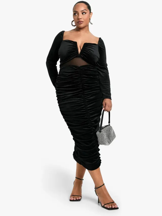 boohoo Dames Plus Fluwelen Doorzichtig Gedetailleerde Lange Mouwen Midi Jurk Zwart