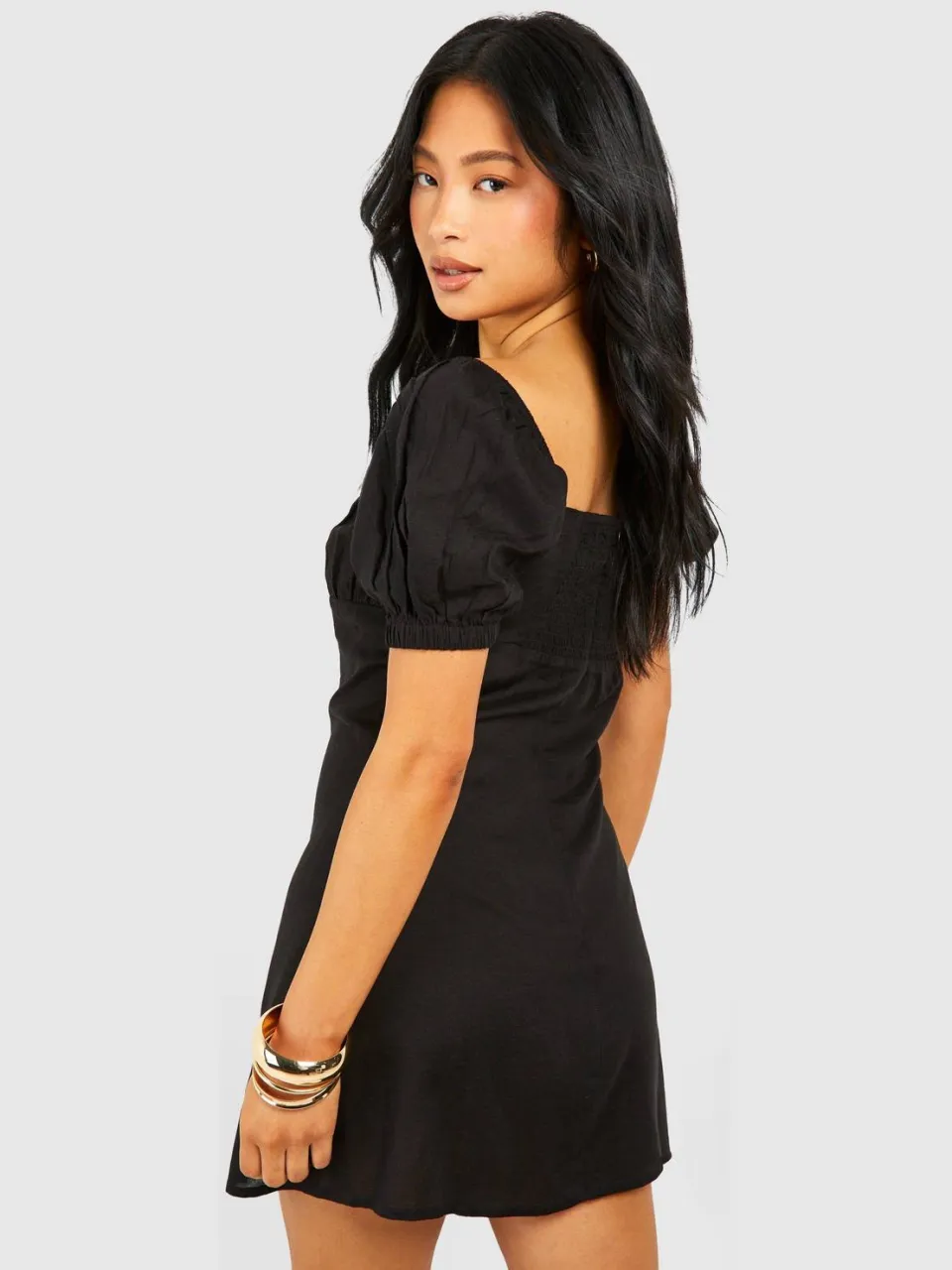 boohoo Dames Petite Linen Look Milkmaid Mini Jurk zwart, foto 3