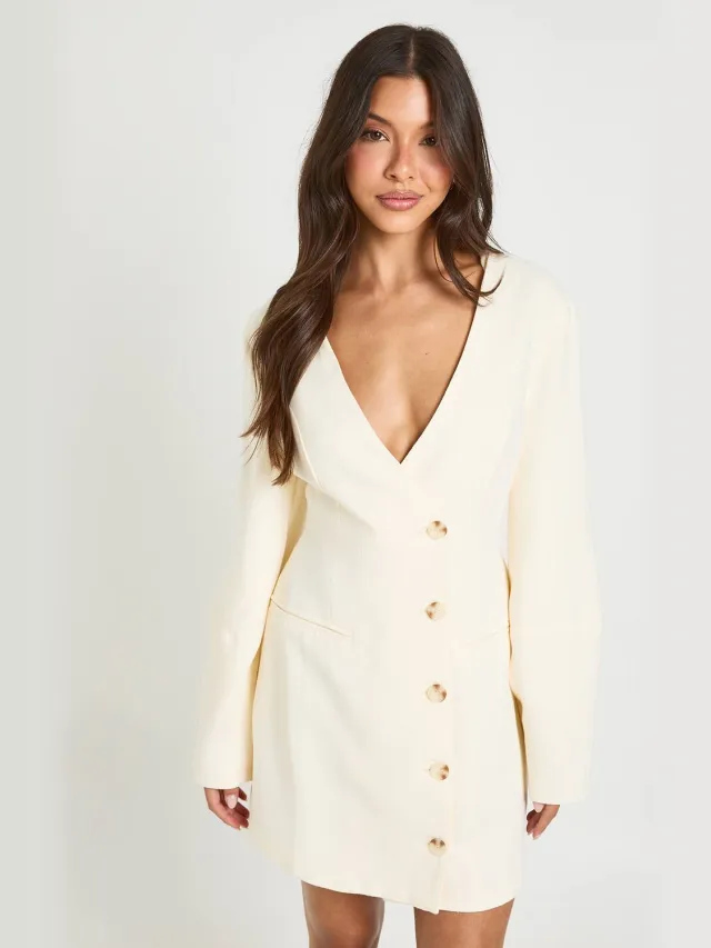 boohoo Dames Blazerjurk Met Ballonmouwen In Linnenlook Crème