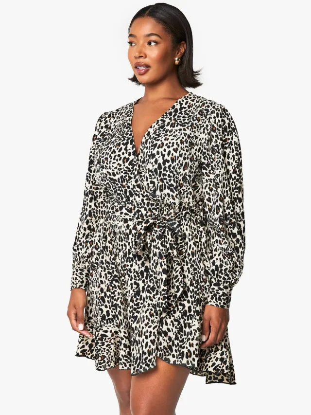 boohoo Dames Plus Leopard Wrap Ruffle Skater Jurk Luipaardprint