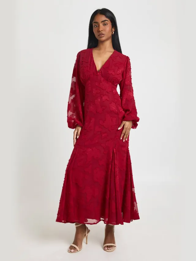 boohoo Dames Burnout Bloemenprint Wijdmouwige Midaxi Jurk Merlot