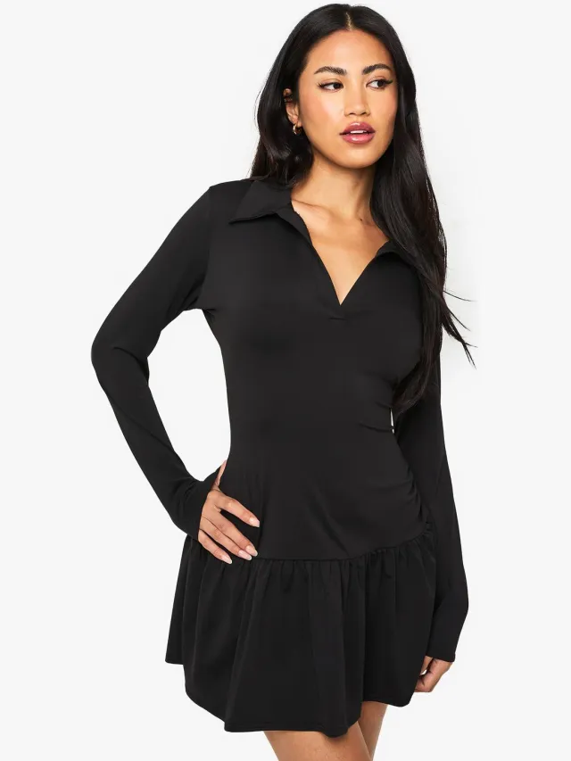 boohoo Dames Mini-jurk met kraag, vallende zoom en lange mouwen Zwart