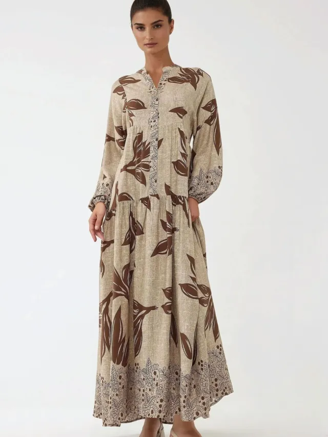 Hiccup Gedrukte Lange Mouwen Viscose Maxi Jurk Bruin