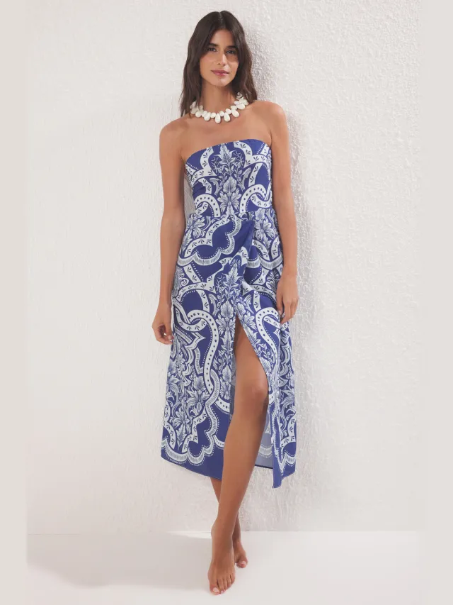 Trendyol TRENDYOLMİLLA Dames Blauw Etnisch patroon Maxi Mouwloos Strandkleding A-lijn Strandjurken