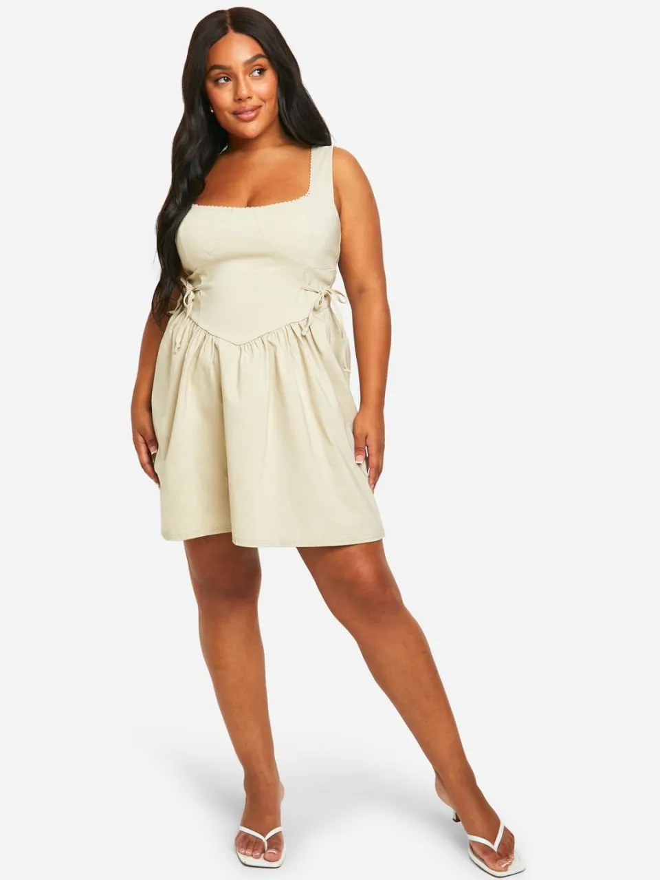 boohoo Dames Plus Bengaline Tie Detail Skater Jurk steen, foto 3