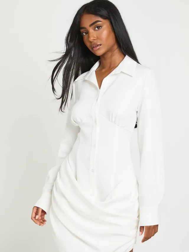 boohoo Dames Hemdjurk Met Drapeerdetail En Doorknoopsluiting ivoor, foto 3