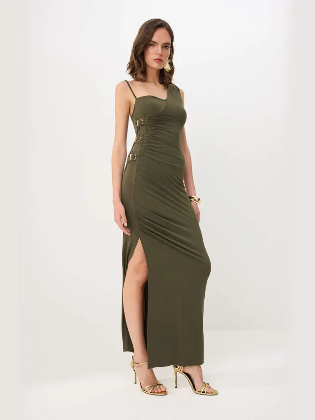 Trendyol TRENDYOLMİLLA Dames Kaki Effen Maxi Mouwloos Recht Avond & Gala Jurk
