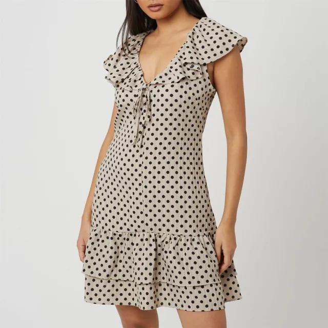 Brave Soul Mini-jurk voor dames met stippen en ruches (Beige/Zwart)