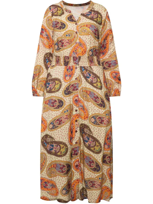 Ulla Popken Dames - Maxi-jurk paisley A-lijn V-hals lange mouwen - Mat goud - Maat 46+